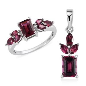 Tanzanian Wine Garnet Ring and Pendant in Platinum Over 925 Sterling Silver